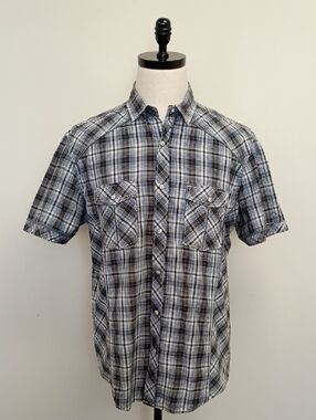 Various Artists Black Gray Plaid Short Sleeve Button Down Shirt Size Large